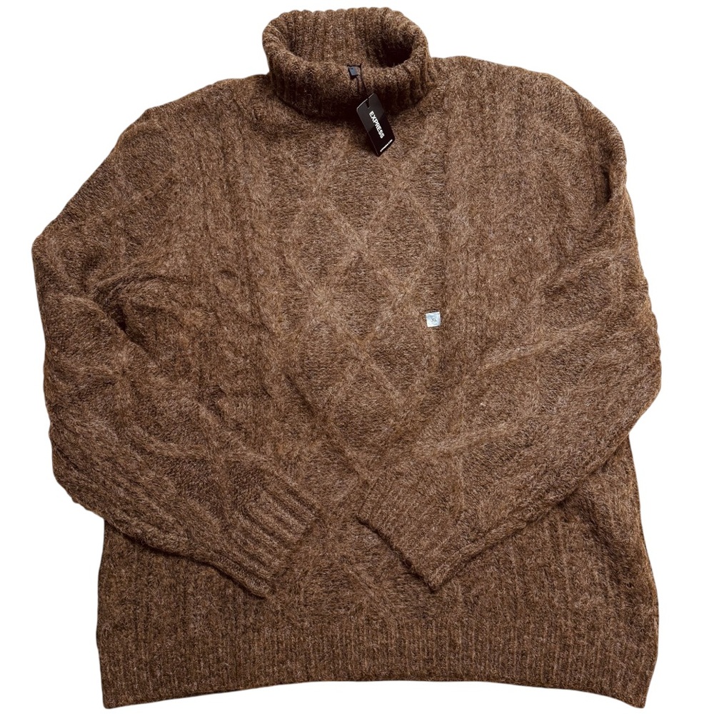 Express Wool Cable Knit Turtleneck Sweater Brown XL - Picture 2 of 14